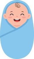 Happy baby wrapped in a soft blue blanket with a joyful expression in a minimal illustration style showcasing innocence and warmth in art vector