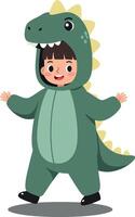 A cheerful child wearing a green dinosaur costume, showcasing a playful expression in a flat illustration, embodying fun and imagination in a vibrant scene of joy and creativity art vector