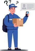 Delivery person in blue uniform looking puzzled while holding a package and smartphone, flat art illustrating confusion about a delivery status vector