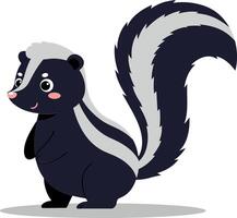 Adorable cartoon skunk character with a bushy tail in a flat design style, cheerful expression, lively pose, showcasing vibrant colors, illustration vector