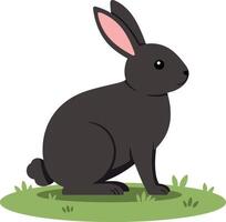A cute black rabbit sitting on green grass in a playful pose, minimal design style, showcasing charm and innocence, illustration vector