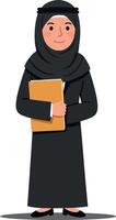 Confident woman in a black abaya holding a file folder, smiling warmly, styled in a minimal flat design illustration vector