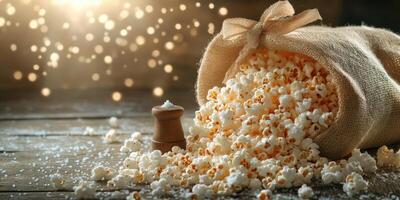 Popcorn spilling from a burlap sack with a wooden salt shaker on a rustic wooden table during a cozy movie night photo