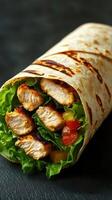 Freshly grilled chicken wrap filled with lettuce and tomatoes on a textured background photo