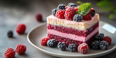 Delicious layered dessert topped with fresh raspberries and blueberries on a plate in a cozy kitchen setting photo