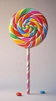 Colorful swirled lollipop with vibrant stripes and cheerful design stands tall against a plain background photo