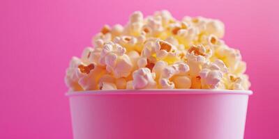 Freshly popped popcorn in a pink cup against a vibrant background perfect for movie nights or events photo