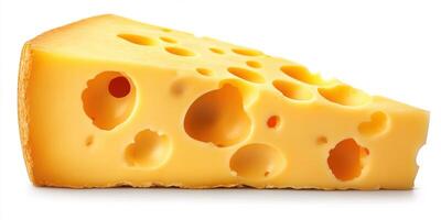 Yellow cheese wedge with holes displayed against a white background showcasing its texture and appearance photo
