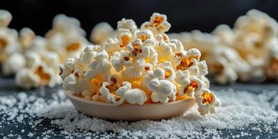 Popcorn served in a bowl with scattered salt on a dark surface, creating an appealing snack presentation for movie night photo
