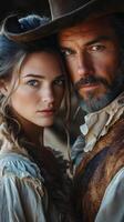 Portrait of a couple dressed in historical attire with striking blue eyes against a rustic background photo