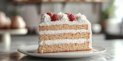 Delicious layered cake with creamy frosting and fresh raspberries served on a plate in a cozy kitchen photo