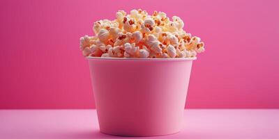 Popcorn served in a pink container against a vibrant pink backdrop for movie night photo