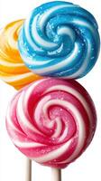 Colorful swirled lollipops arranged on sticks, showcasing vibrant and eye-catching designs and flavors photo