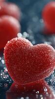 Red heart-shaped candy glistening with sugar on a dark background during a romantic celebration photo