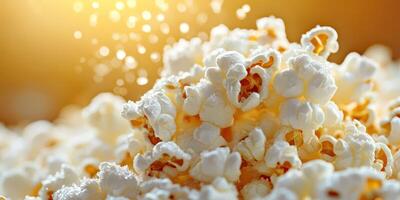 Fluffy popcorn being dusted with salt in warm golden light during an evening snack time photo