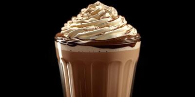Creamy chocolate beverage topped with whipped cream and chocolate drizzle ready for enjoyment in a cup photo