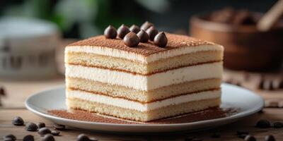 Indulgent dessert of layers with cream and chocolate accents on a wooden table in soft lighting photo