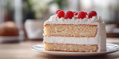 Delicious cake slice topped with fresh raspberries served on a white plate in a cozy cafe setting during afternoon photo