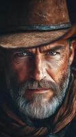 Close-up of a rugged cowboy with a weathered face and intense gaze in a rustic setting at sunset photo