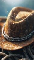 Rustic cowboy hat with rope detailing resting on a wooden surface in bright sunlight photo