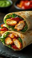 Delicious chicken wraps filled with fresh vegetables served on a dark stone background photo