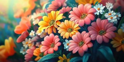 Colorful floral arrangement showcasing vibrant blossoms in a lush garden during a sunny afternoon photo