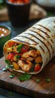 Delicious chicken wrap with grilled vegetables and herbs served on a wooden board in a cozy setting photo