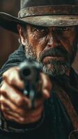 Intense standoff with a gunslinger in a dusty old western setting at sunset photo