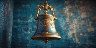 Historical bronze bell displayed against a textured background showcasing intricate designs and craftsmanship photo