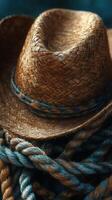 Woven straw hat rests atop coiling ropes in a rustic setting highlighting craftsmanship and outdoor life photo