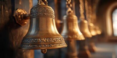 Close view of ornate bronze bells hanging in an ancient structure during the early morning light photo
