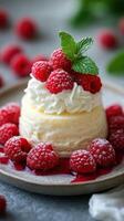 Delicious dessert featuring creamy cheesecake topped with fresh raspberries and mint on a rustic plate in a cozy setting photo