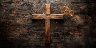 Wooden cross on rustic wooden surface with earth tones and texture in a serene setting photo