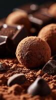 Rich chocolate truffles dusted with cocoa powder arranged on a dark surface with chocolate pieces nearby photo