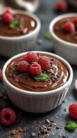 Delicious chocolate mousse topped with fresh raspberries and mint in elegant serving bowls photo