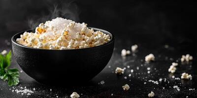 Freshly popped popcorn served in a black bowl with steam rising, surrounded by scattered salt on a dark background photo