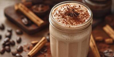 Creamy coffee beverage topped with spices and cocoa in a rustic setting with scattered coffee beans photo