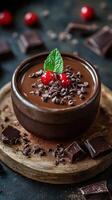 Indulgent chocolate mousse topped with cherries and mint served in a rustic bowl on a wooden platter photo