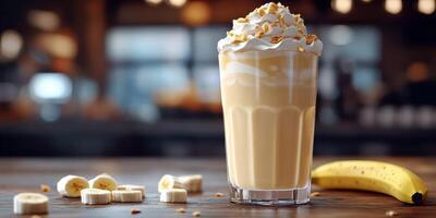 Delicious banana milkshake served with whipped cream and nuts in a cozy cafe setting photo