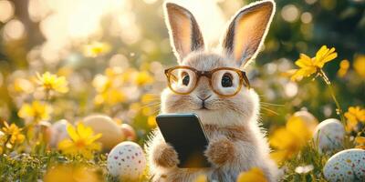 Cute bunny wearing glasses using a smartphone in a flower-filled field during sunny spring day photo