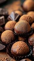 Delicious chocolate truffles coated in cocoa powder on a wooden surface photo