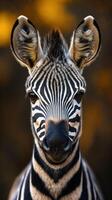 Close-up view of a zebra's face highlighting its distinctive black and white patterns in a natural setting photo