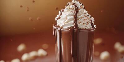 Delicious chocolate milkshake topped with whipped cream and chocolate drizzle on a warm background photo