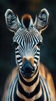 Close-up view of a zebra showcasing unique patterns and features in a natural habitat during golden hour lighting photo