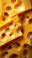 Cheese blocks with holes displayed together against a plain background for culinary inspiration photo