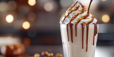 Delicious dessert topped with whipped cream and chocolate drizzles served in a glass at an evening cafe photo