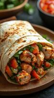 Delicious grilled chicken wrap with fresh vegetables served on a wooden plate photo