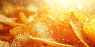 Crunchy golden potato chips glistening in warm sunlight creating an inviting snack atmosphere photo