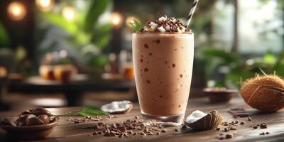 Delicious iced chocolate drink with toppings in a cozy cafe setting surrounded by greenery photo