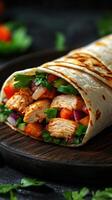 Delicious chicken wrap filled with fresh vegetables on a wooden plate ready to be enjoyed photo